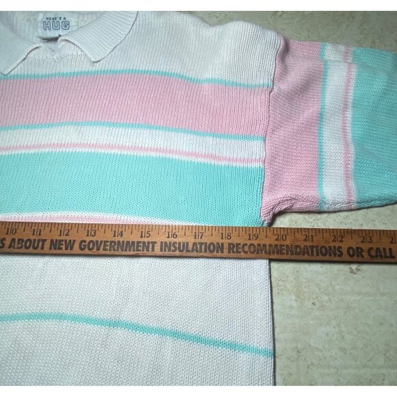 Vintage Striped Knit Collared Sweater White Pink Mint Pastel Size M Retro - Picture 4 of 7